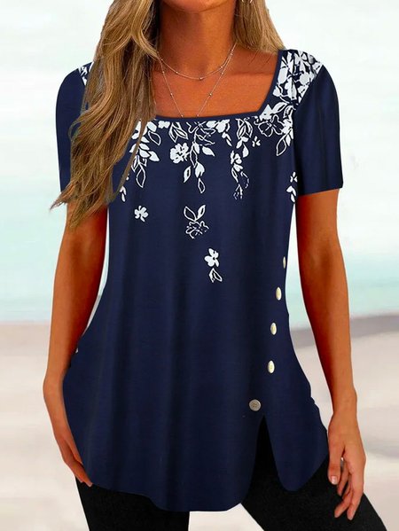 

Floral Square Neck Loose Boho Top, Blue, Shirts & Blouses