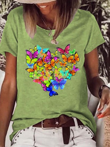 

Women’s Butterflies Heart Pattern Text Letters Crew Neck Loose Casual T-Shirt, Green, T-shirts