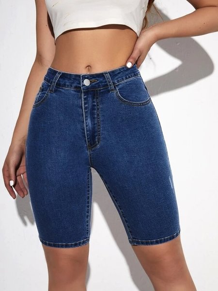 

Casual Plain Denim Tight Denim Shorts, Blue, Shorts