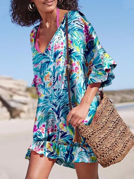 

V Neck Loose Flare Sleeve Casual Dress, Multicolor, Dresses