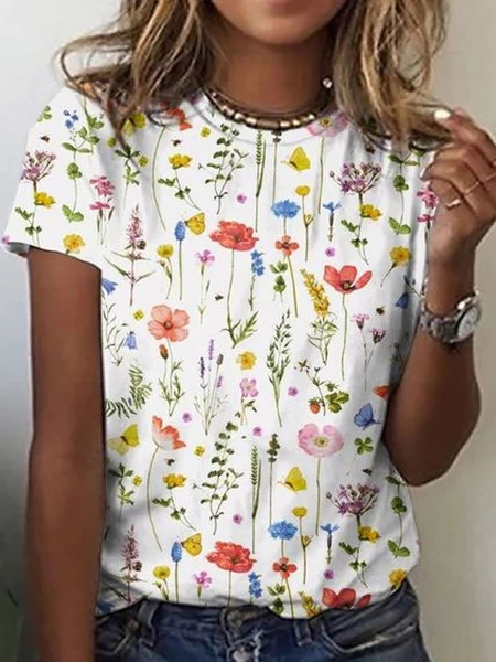 

Crew Neck Floral Loose Casual T-Shirt, Multicolor, T-Shirts