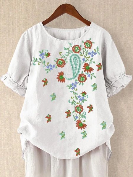 

Elegant Crew Neck Loose Floral Shirt, White, Tunics