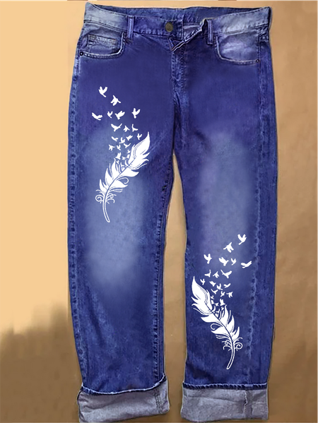 

Women's Casual Feather Pattern Denim Jeans, Blue, Jeans