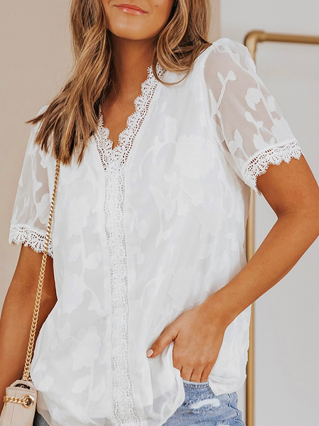 

V Neck Chiffon Lace Boho Shirt, White, Blouses & Shirts
