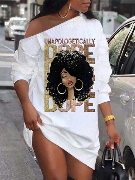 

Loose Casual Face Cold Shoulder Sweatshirt, White, Hoodies and Sweatshirts