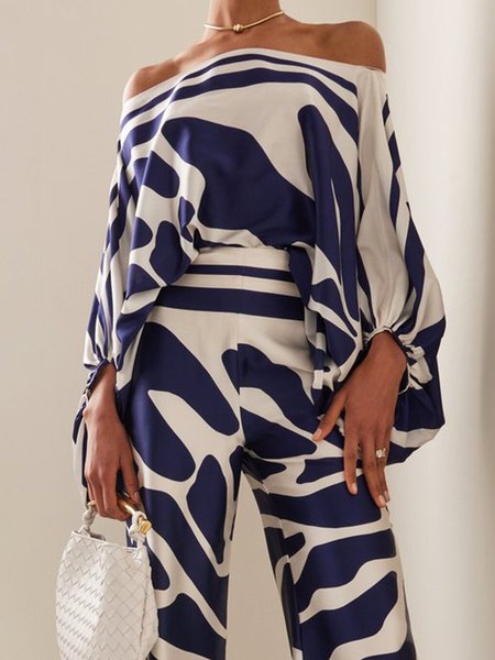 

Geometric Print Urban Boat Neck Blouse, Blue, Blouses and Shirts
