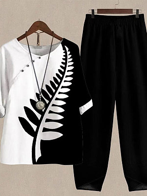 

Casual Buttons Leaf Print Colorblock Crew Neck Short Sleeve Shirt and Plain Pants Summer Outfits Two-Piece Sets, Black-white, Suits