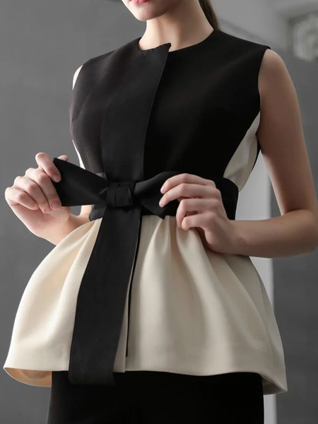 

Loose Urban Crew Neck Color Block Sleeveless Vest, As picture, Vests and Gilets