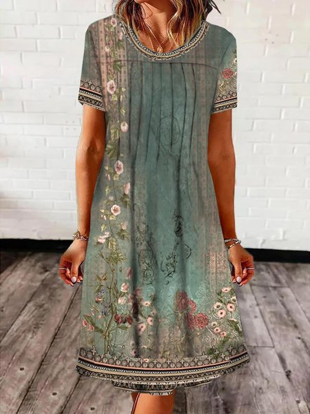 

Ethnic Knitted Crew Neck Dress, Green, Dresses