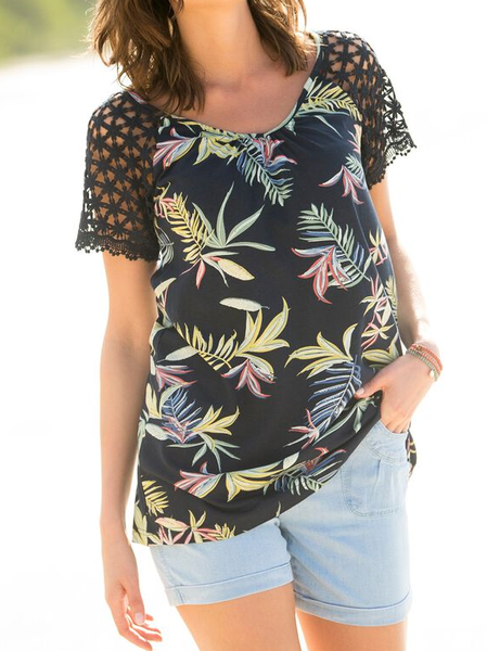 

Lace V Neck Loose Casual T-Shirt, Black, T-Shirts