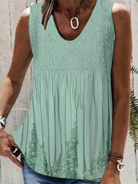 

Lace Crew Neck Casual Plain Tank Top, Green, Tanks & Camis