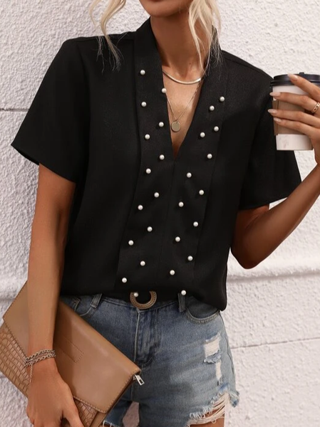 

V Neck Casual Loose Shirt, Black, Shirts & Blouses