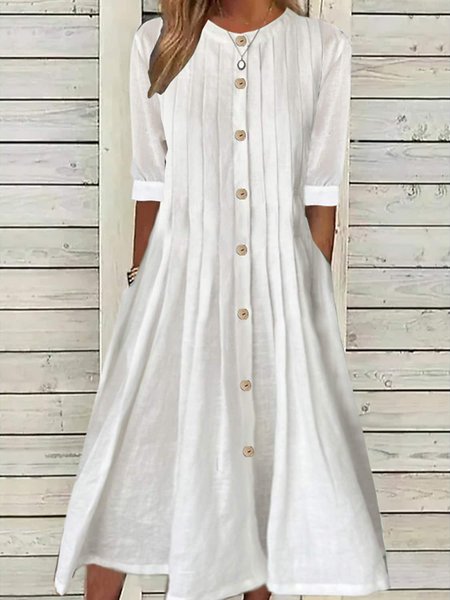 

Loose Casual Cotton And Linen Plain Dress, White, Midi Dresses