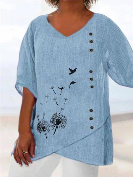

Plus Size Buckle Loose Linen Dandelion Shirt, Blue, Shirts & Blouses