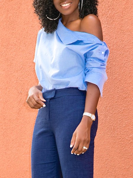 

One Shoulder Plain Long sleeve Urban Blouse, Blue, Blouses and Shirts