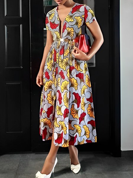 

V Neck Floral Regular Fit Vacation Dress, Red, Midi Dresses