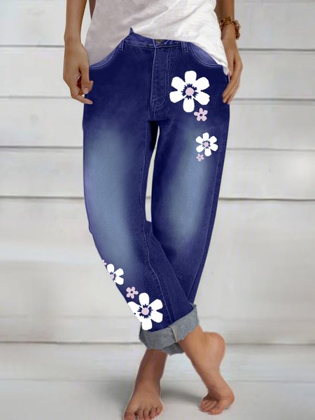 

Women‘s flower Print Casual Jeans, Blue, Jeans