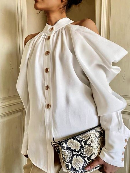 

Long sleeve Simple Loose Cold Shoulder Blouse, White, Blouses and Shirts