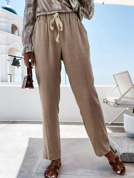 Cotton And Linen Casual Plain Pants, Khaki, Pants