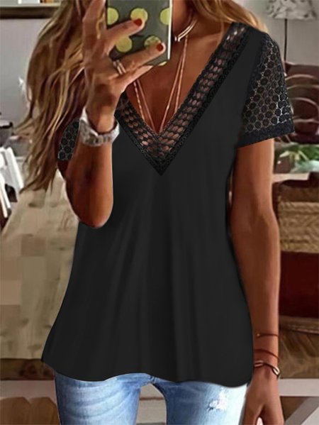 

Plain Casual Lace Edge T-Shirt, Black, T-Shirts