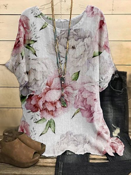 

Plus Size Casual Crew Neck Floral Loose Shirt, Gray, Shirts & Blouses