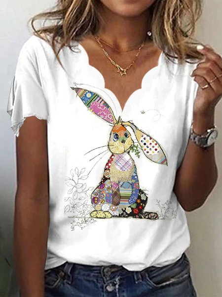 

Cute Rabbit Shell Neck Loose Casual T-Shirt, White, Tees & T-shirts