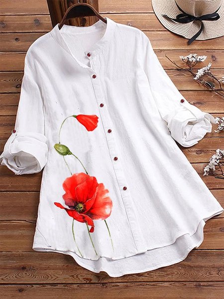 

Loose Casual Floral Stand Collar Blouse, White, Blouses & Shirts