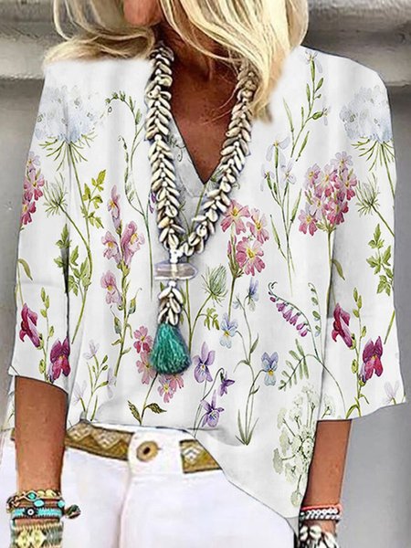 

Loose Elegant Floral V Neck Shirt, White, Shirts & Blouses