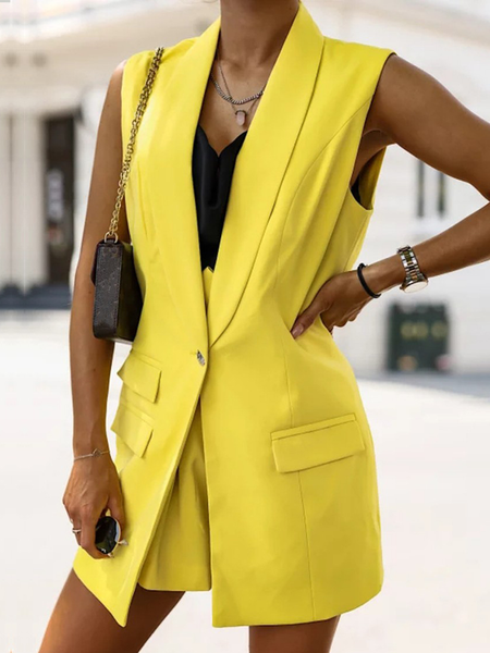 

Loose No Elasticity Urban Lapel Collar Sleeveless Plain Vest, Yellow, Vests and Gilets