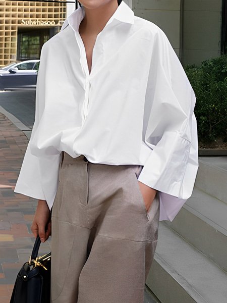

Plain Loose Shirt Collar Casual Blouse, White, Blouses and Shirts