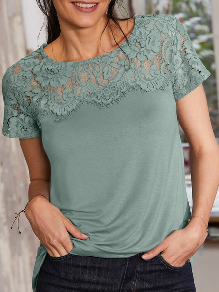 

Crew Neck Casual Lace Loose T-Shirt, Lightgreen, T-Shirts