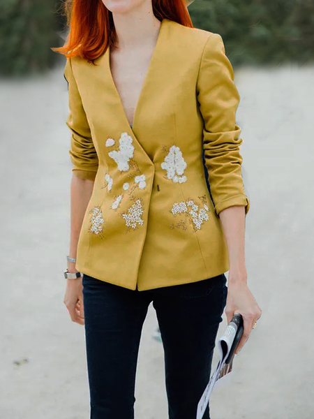 

V Neck Long sleeve Urban Floral Loose Blazer, Yellow, Blazers