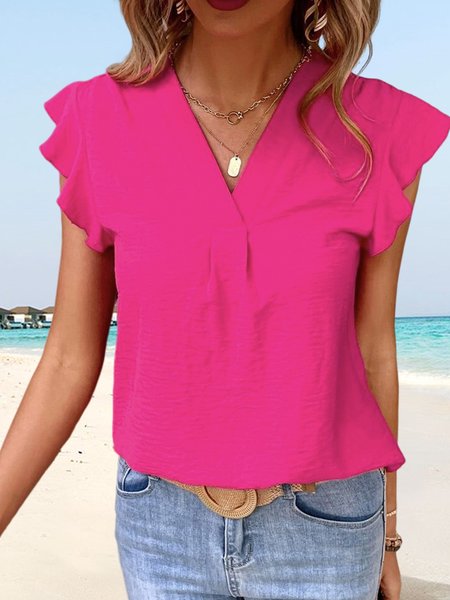 

Boho Plain Loose V Neck Blouse, Pink, Shirts & Blouses