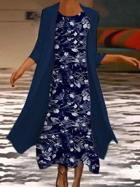 

Knitted Crew Neck Casual Floral Two-Piece Set, Dark blue, Dresses