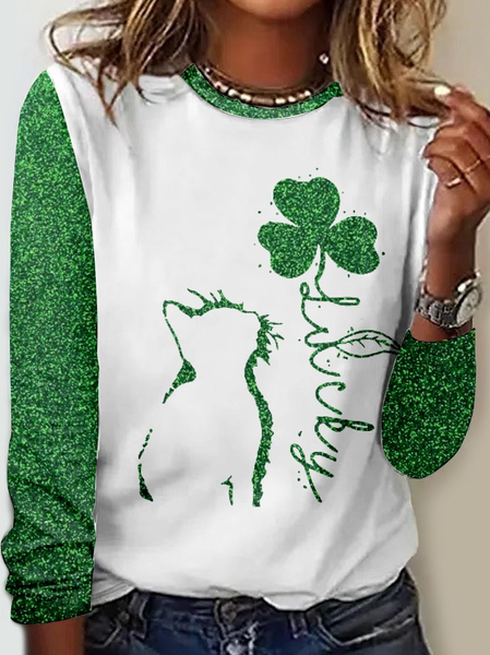 

Women's Funny Cat St. Patrick's Day Crew Neck Simple Regular Fit Four-Leaf Clover Shirt, Green, Long sleeves