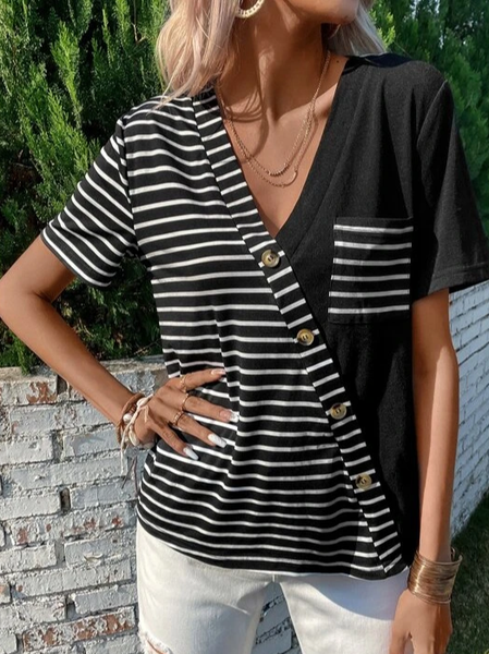 

Split Joint Loose V Neck Casual T-Shirt, Black, T-Shirts