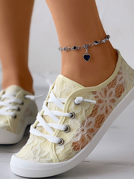 

Lace Floral Casual Lace-Up Canvas Shoes, Beige, Sneakers