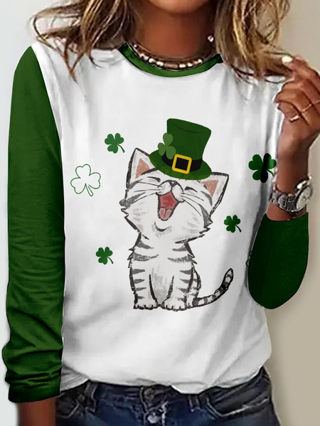 

Women's Funny Cat Four-Leaf Clover Crew Neck Simple Regular Fit Shirt, Green, T-Shirts