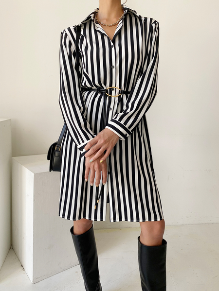 

Elegant Regular Fit Striped Dress Without Belt, Black-white, Midi Dresses