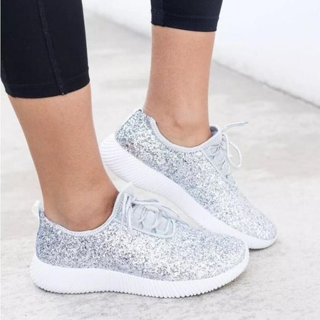 

Sequined Lace-Up Canvas Flats, Silver, Sneakers