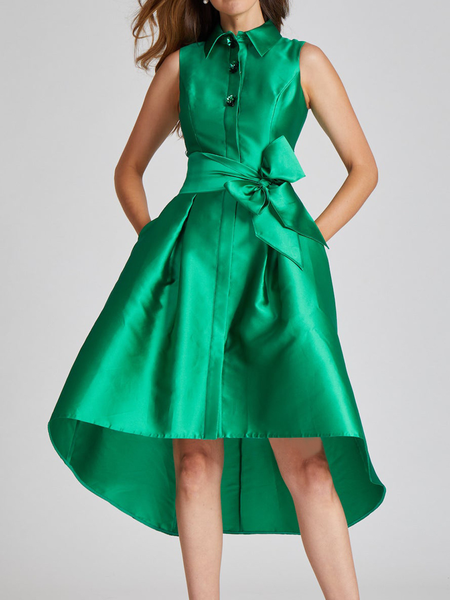 

Loose Satin Elegant Sleeveless Shirt Collar Midi Dress, Green, Midi Dresses