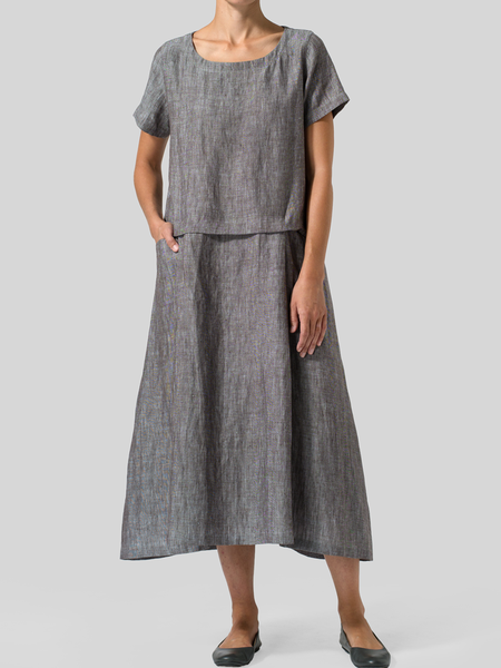 

Cotton And Linen Linen Plain Two-Piece Set, Gray, Tops