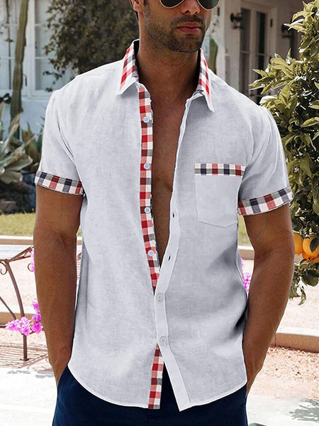 

Contrast Plaid Panel Short Sleeve Casual Shirt, White, Men Shirts