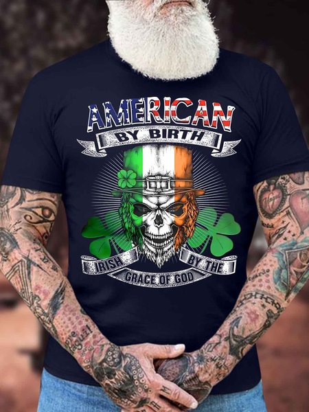

Men's American By Birth Irish By The Crace Of God St. Patrick's Day Funny Graphic Printing Casual Text Letters Cotton Crew Neck T-Shirt, Purplish blue, T-shirts