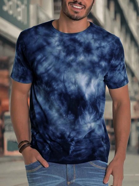 

Men’s Tie-dye Pattern Text Letters Crew Neck Casual T-Shirt, Deep blue, T-shirts