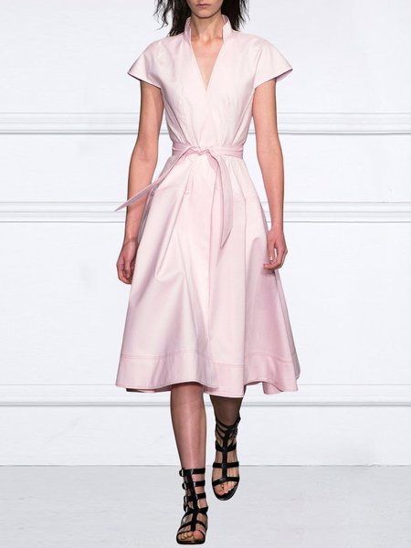

Plain Elegant V Neck Short Sleeve Dress, Pink, Midi Dresses