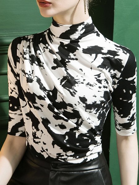 

Regular Fit Stand Collar Abstract Print Urban T-Shirt, White, Tees