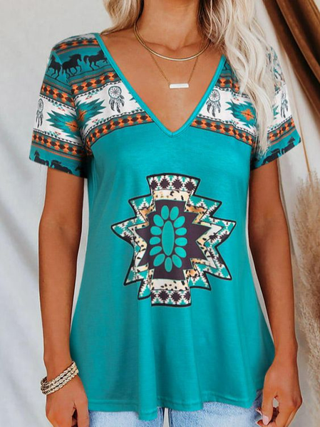 

Casual V Neck Ethnic T-Shirt, Green, T-Shirts