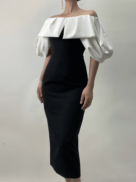 

Boat Neck Elegant Knitted Wedding Guest Dress, Black-white, Maxi Dresses