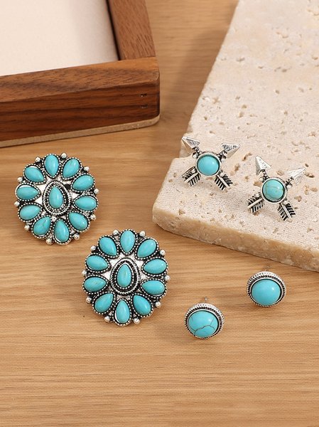 

3Pcs Ethnic Style Vintage Natural Turquoise Earring Set Holiday Beach Daily Jewelry, Silver, Earrings